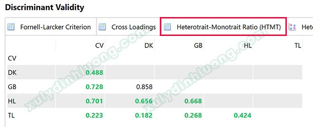 Đánh giá giá trị phân biệt của thang đo bằng chỉ số HTMT trong SmartPLS