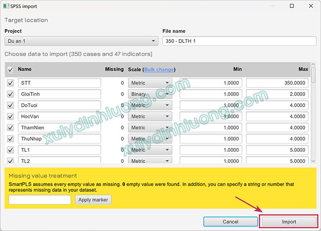 Import dữ liệu Excel, CSV, SPSS vào SmartPLS 4